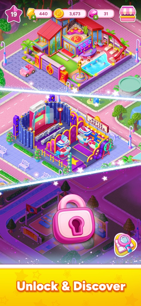Barbie™ Merge Mystery - The app encourages exploration by revealing diverse areas, including a glamorous movie theater and a locked zone marked by a distinctive pink padlock.