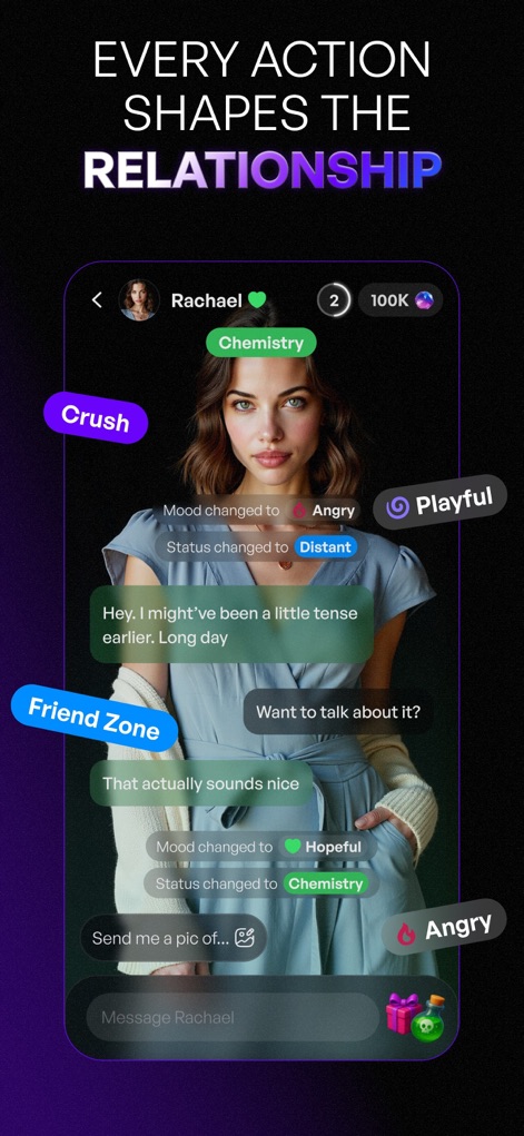 EVA AI Soulmate - Observe how every interaction profoundly shapes the bond with AI companions, reflected in the dynamic mood changes and visible relationship status markers like "Crush" and "Friend Zone."