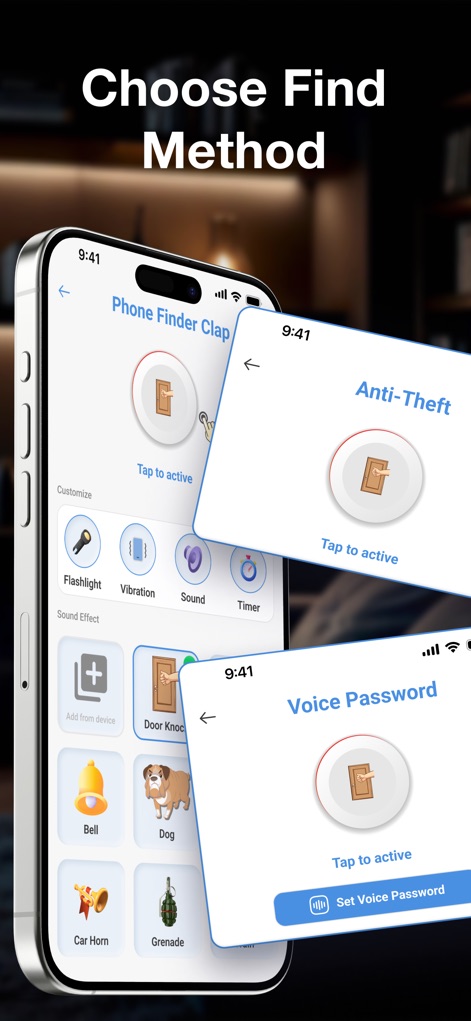 Find My Phone By Clapping - Cet écran permet de choisir parmi diverses méthodes de recherche et d'alerte, incluant des sons personnalisables comme la 'Sonnette' ou la 'Grenade', ainsi que la configuration des fonctions 'Anti-Theft' et 'Voice Password'.