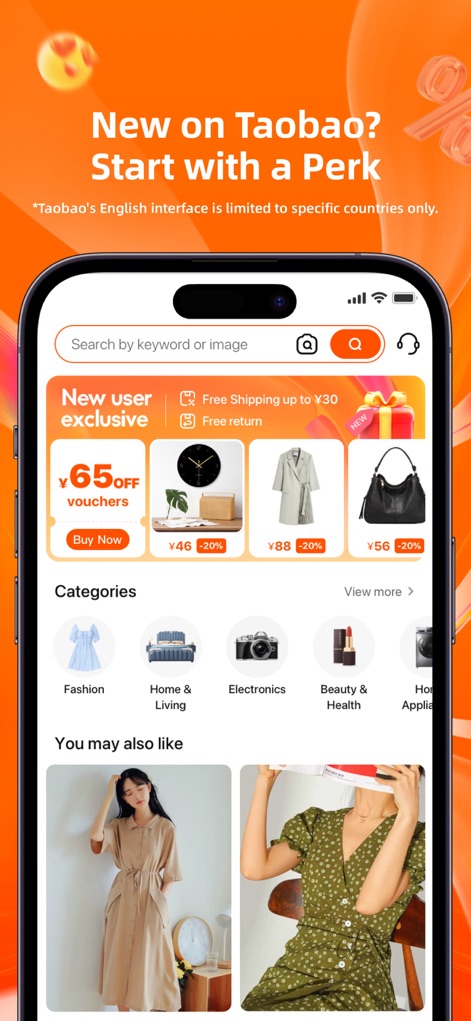 Taobao - Online Shopping App - The app entices new users with exclusive offers, displaying a prominent '¥65 off vouchers' alongside a variety of trending product images.