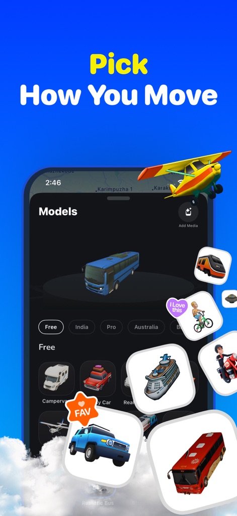 TravelAnimator: Journey Route - Les utilisateurs peuvent personnaliser leurs animations en sélectionnant parmi une vaste collection de modèles de véhicules variés et d'options de transport pour chaque segment du voyage.