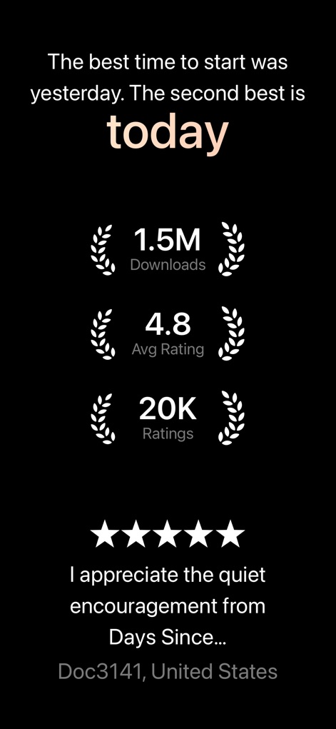 Days Since: Quit Habit Tracker - The app's strong reputation is evident through impressive user statistics, such as 1.5 million downloads and a 4.8-star average rating, reinforcing its proven success.
