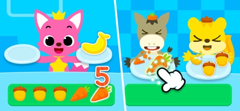 Pinkfong Numbers Zoo: Kid Math - この教育的なゲームでは、子供たちが動物たちの皿に食べ物を配りながら数を数えることを実践します。特に、与えられた「5」という数に合わせて適切なアイテムを選ぶ作業が強調されます。