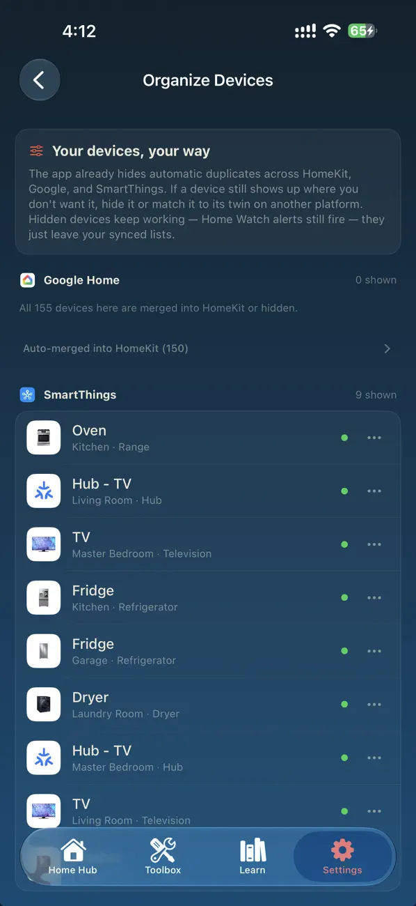 Organize Devices screen showing likely duplicate devices side by side