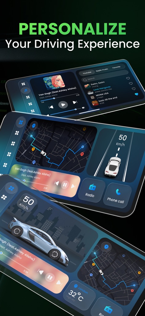 Car.Play Connect: Smart Sync - The app allows users to personalize their dashboard experience, combining music playback with navigation and real-time weather information.