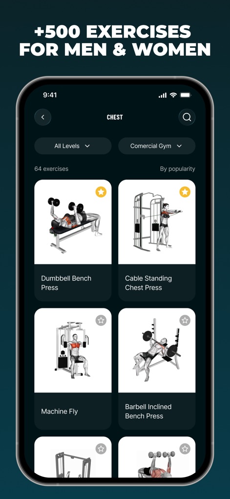 Befit: Gym & Home Workout Plan - The app provides an extensive exercise library with illustrative images for each movement and practical filter options for 'Levels' and gym type.