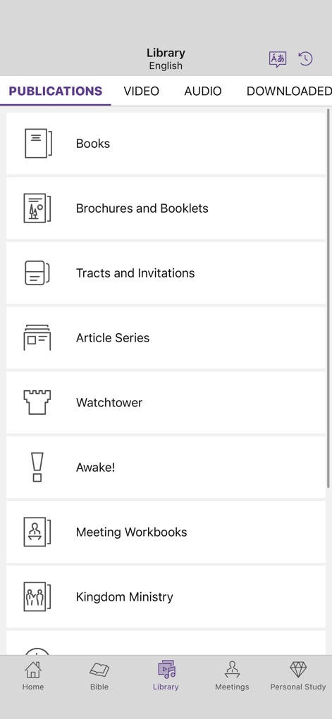 JW Library - Explore the extensive digital library where users can access various publication types, from detailed "Books" and "Brochures" to critical study materials like "Watchtower" and "Awake!" magazines.