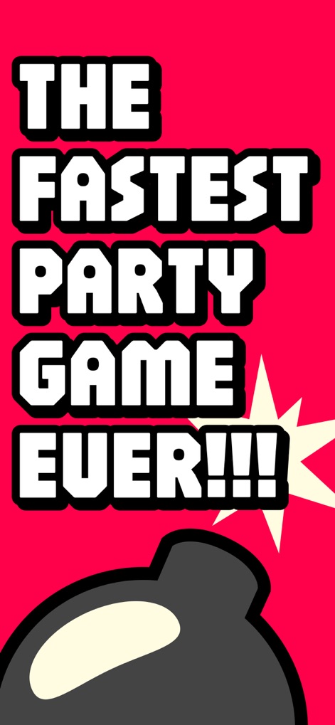 Picoboom - Group Party Game - The app's vibrant red title screen immediately grabs attention with its bold 'THE FASTEST PARTY GAME EVER!!!' text and the iconic bomb graphic, setting a high-energy tone.