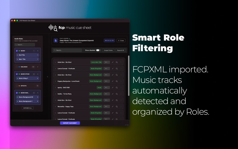 FCP Music Cue Sheet screenshot