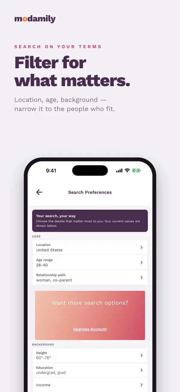 Modamily app preview showing Search Preferences, including location and relationship path