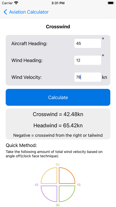 Aviation Calculator, Crosswind Screenshot