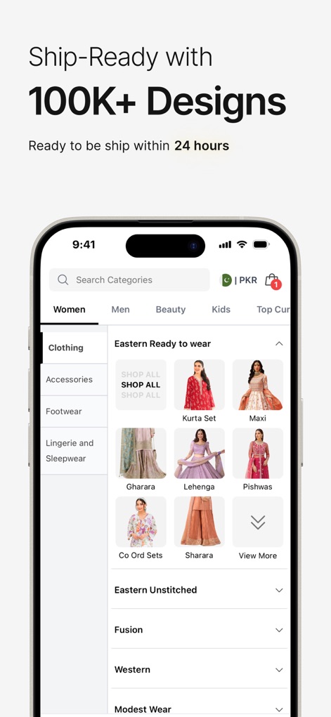 LAAM – Online Shopping App - Die App bewirbt über 100.000 versandbereite Designs, die in übersichtlichen Kategorien wie 'Clothing' und 'Accessories' strukturiert sind und detaillierte Unterkategorien wie 'Kurta Set' und 'Lehenga' mit ansprechenden Produktbildern bieten.
