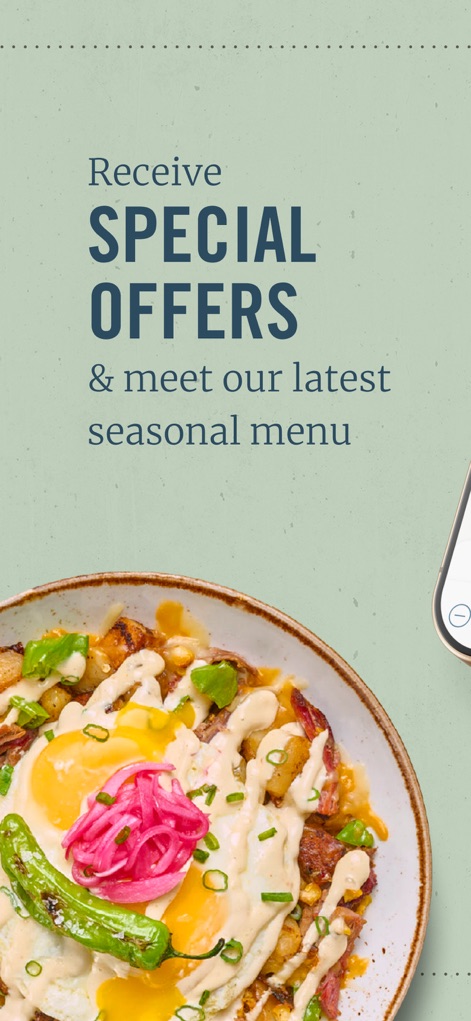 First Watch Mobile App - The app highlights exclusive "SPECIAL OFFERS" for users and provides a dedicated section to explore the "seasonal menu."