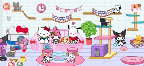 Hello Kitty And Friends World - Players can enjoy interactive scenes with beloved Sanrio characters and care for a variety of pets in a cozy, decorated living room setting.