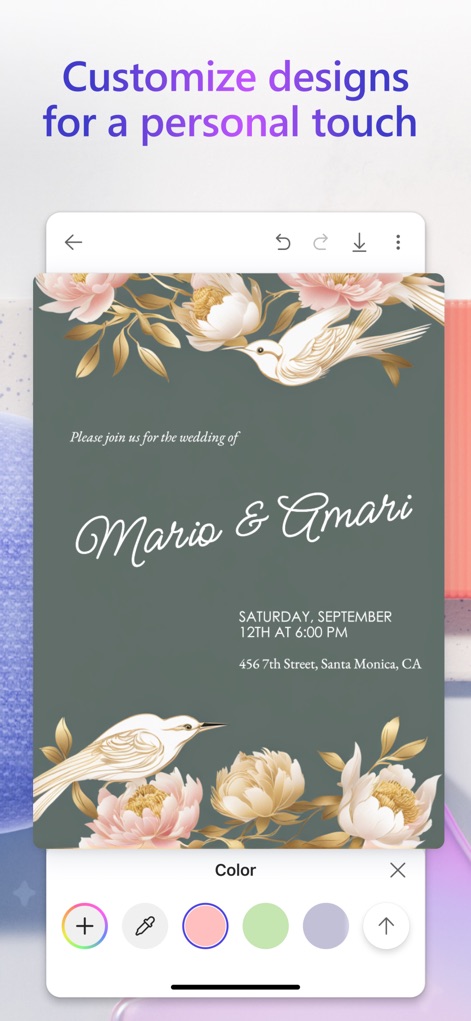 Microsoft Designer - Los diseños se pueden personalizar con gran detalle, como ilustra la invitación de boda con sus elaboradas ilustraciones florales y las diversas opciones de color disponibles en la parte inferior de la pantalla.