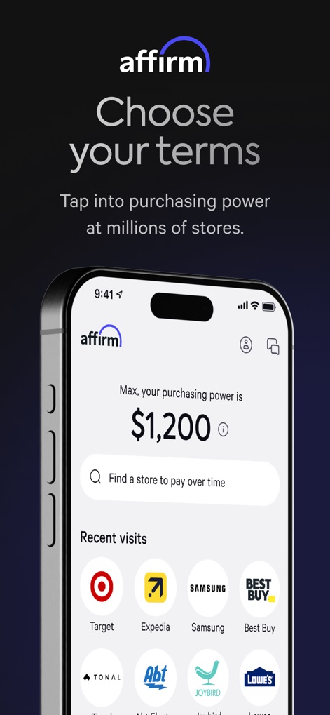 Affirm: Buy now, pay over time - This screenshot shows how users can immediately view their maximum purchasing power and discover a variety of popular retailers like Target and Expedia where the app can be used.