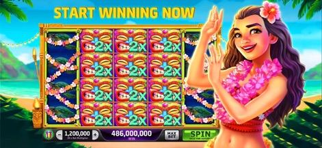 Jackpot Slots - Vegas Casino - The app transports players to a vibrant island, showcasing a cheerful Hawaiian character and abundant 2x multipliers on the reels.