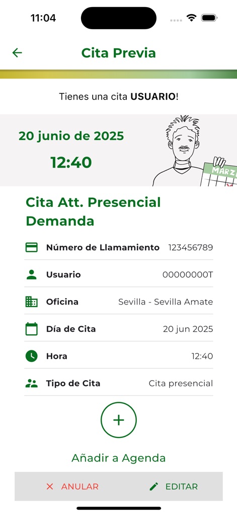 Servicio Andaluz de Empleo - Users can view their scheduled "Cita Att. Presencial Demanda" (In-person Appointment) with clear details on date and time, and options to "Anular" (Cancel) or "Editar" (Edit) the appointment.