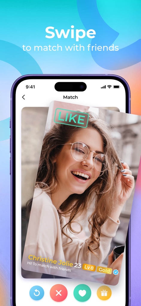 Meete - Meet New Friends - Witness the app's engaging swipe-to-match functionality, where users can interact with detailed profile cards displaying attributes like level and special status.