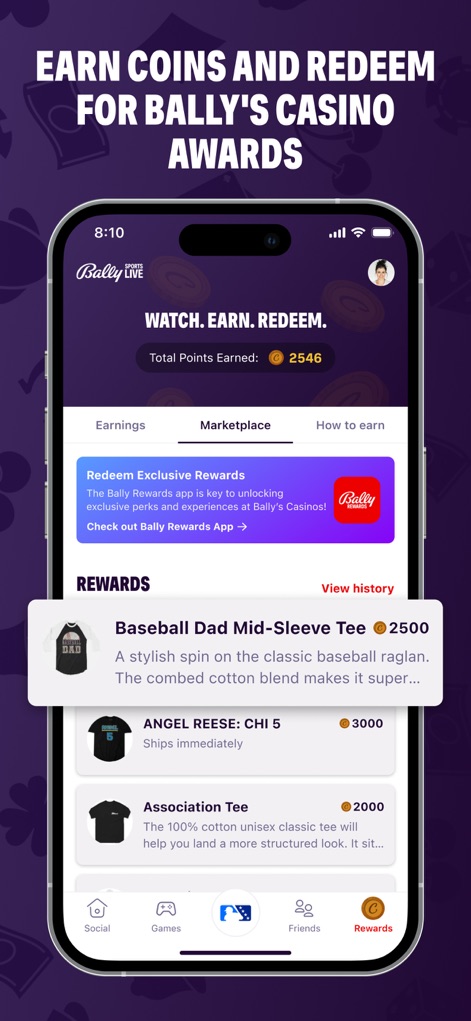 Bally Sports Live - La sezione "Rewards" dell'app mostra il totale dei "Bally Coins" guadagnati dagli utenti e offre la possibilità di riscattare premi, inclusi articoli come una maglietta da baseball e l'integrazione con il programma fedeltà del casinò Bally.