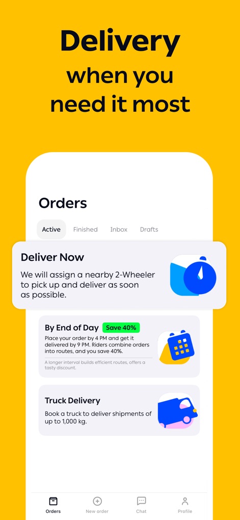 Borzo: Courier Delivery App - Esta vista presenta diversas modalidades de envío, destacando la opción "Deliver Now" para entregas urgentes y la alternativa de "Truck Delivery" para cargas de mayor volumen, indicadas por sus respectivos iconos.