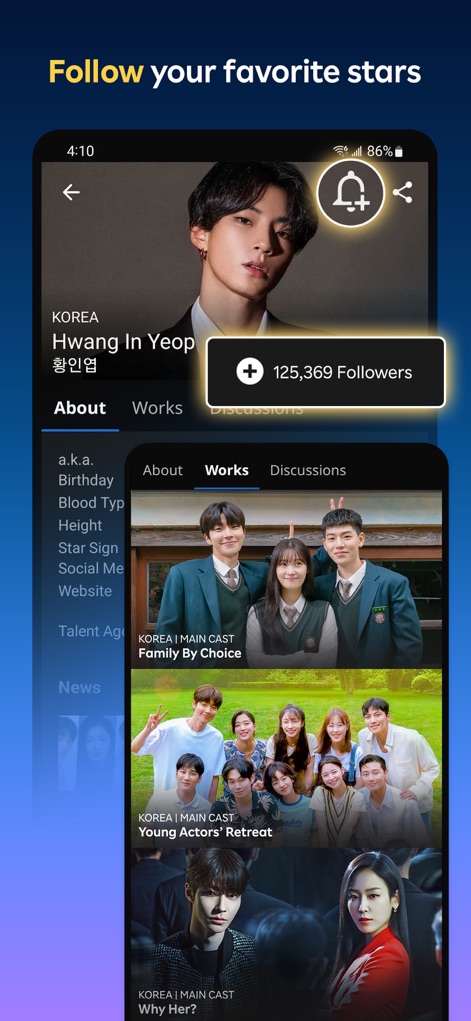 Viki: Asian Dramas, Movies, TV - Los usuarios pueden acceder a perfiles detallados de celebridades como "Hwang In Yeop", donde se muestra su número de seguidores y una sección dedicada a sus "Works" o proyectos.