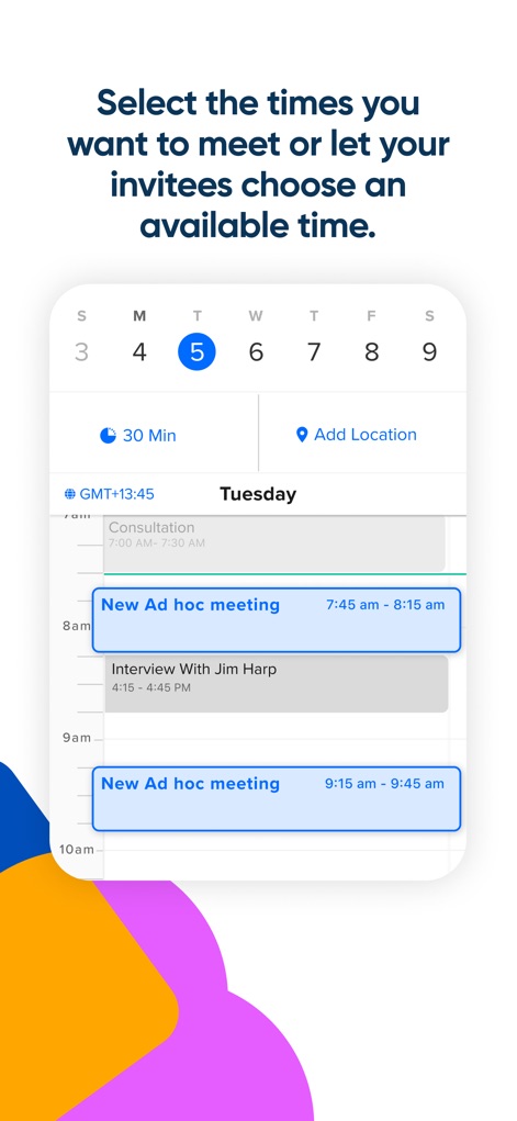 Calendly Mobile - Die App bietet eine intuitive Kalenderansicht zur Auswahl präferierter Terminzeiten und ermöglicht es, Ad-hoc-Meetings schnell einzutragen oder einzuladen.
