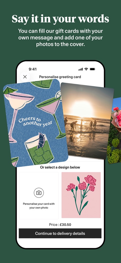 Bloom & Wild - Flowers & Gifts - The app empowers users to create thoughtful connections by allowing photo uploads for custom greeting cards and offering a variety of elegant pre-designed options.