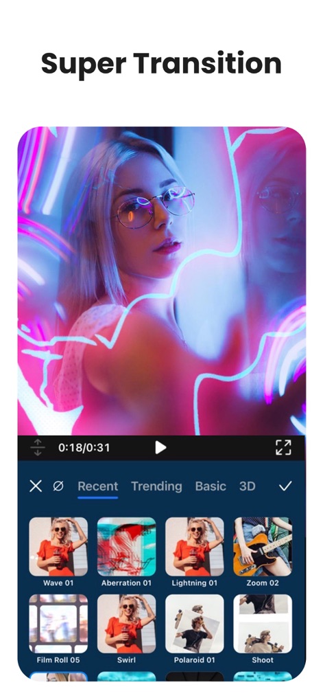 PowerDirector: AI Video Editor - L'application offre un éventail de transitions comme 'Wave 01' et 'Aberration 01' pour des enchaînements vidéo percutants.