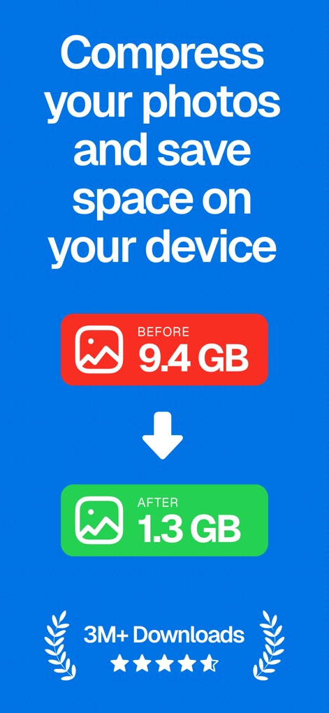 Compress Photos & Pictures - See how the app visibly demonstrates significant storage savings from 9.4 GB to 1.3 GB and showcases its widespread user adoption with 3M+ downloads and high ratings.