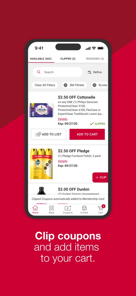 BJs Wholesale Club - This tool streamlines coupon usage, showing "AVAILABLE" and "CLIPPED" tabs and buttons to "ADD TO CART" for instant savings.
