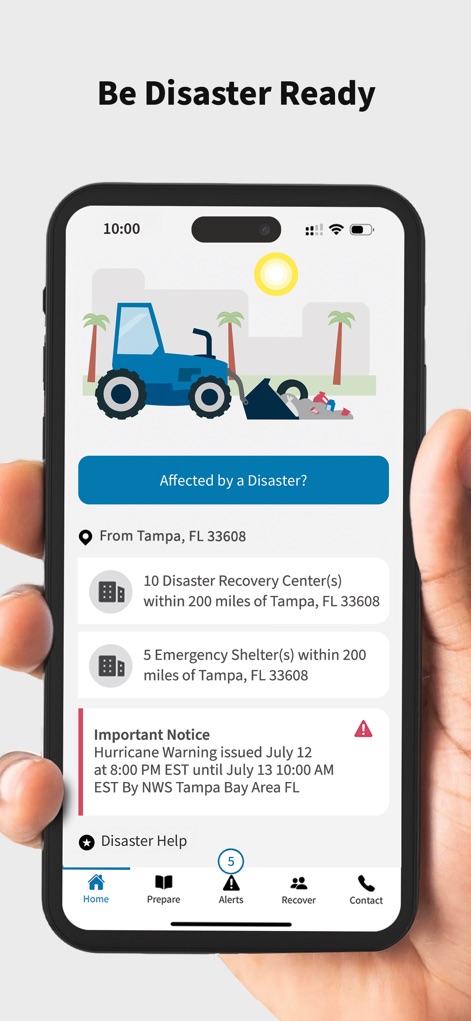 FEMA - Users can quickly view an "Important Notice" like a hurricane warning and locate nearby "Disaster Recovery Center" information.