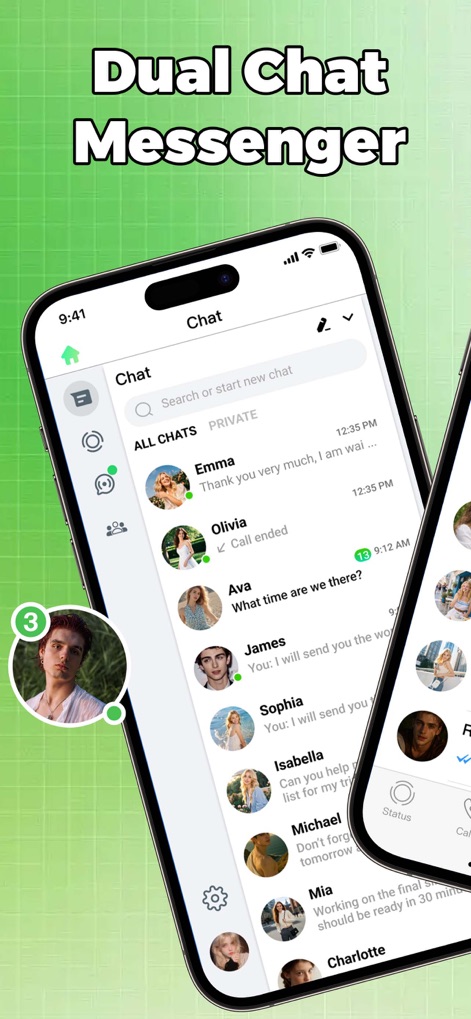 DuoChat：Clone Dual Account App - Users can easily navigate their chat list featuring profile pictures and message previews, while the intuitive navigation bar provides quick access to various app sections.