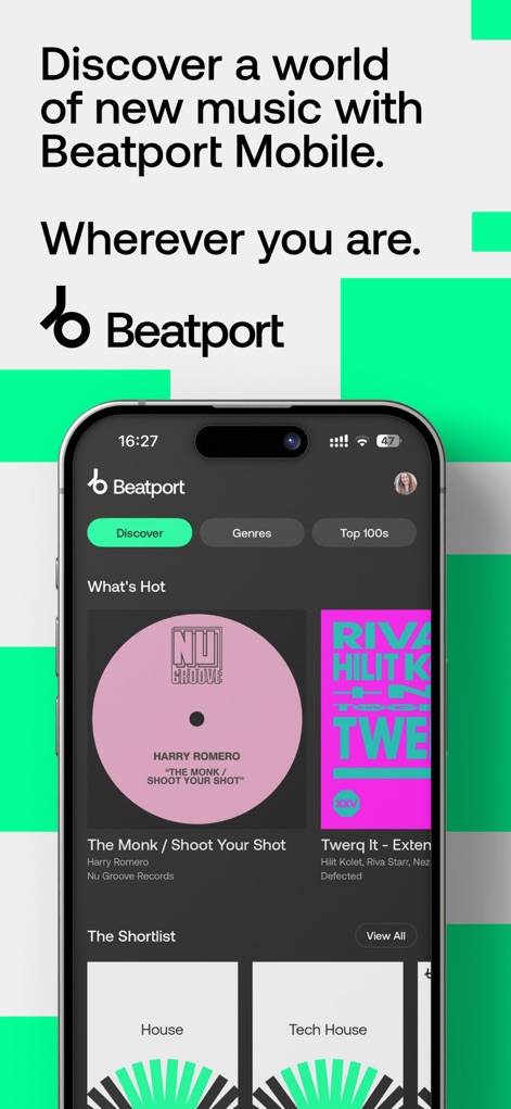 Beatport: Music for DJs App - Esta visão geral do aplicativo centraliza a exploração musical com a seção "What's Hot", exibindo lançamentos destacados, e oferece acesso rápido a categorias por "Gêneros" para uma navegação intuitiva.
