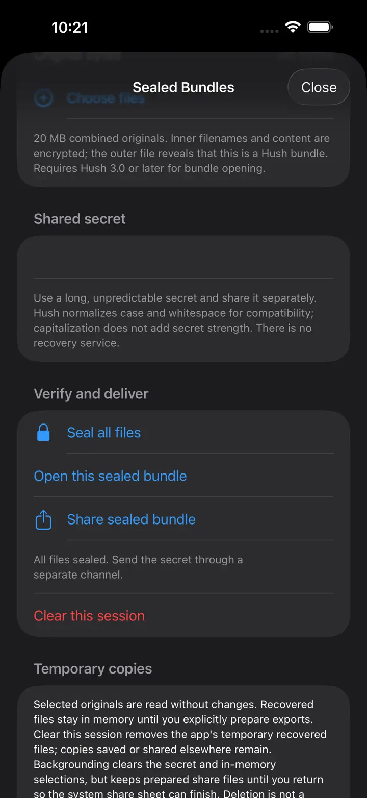 Hush Secret Text: Encryption iPhone 6.7" screenshot 2: Seal several files together