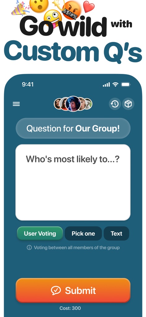 askUs: Whos most likely to - Witness the flexibility of creating custom questions and the choice of various voting formats like "User Voting" or "Pick one."
