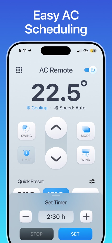 Air Conditioner Controller - Uncover the app's streamlined scheduling capabilities, featuring an intuitive "Set Timer" overlay with clear time adjustment controls and distinct "STOP" and "SET" buttons.