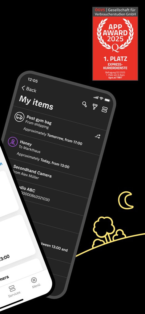 Post - Parcel Tracking App - This tool offers a sleek dark mode for comfortable viewing, complementing its recognized status with an "App Award 2025" badge displayed prominently.