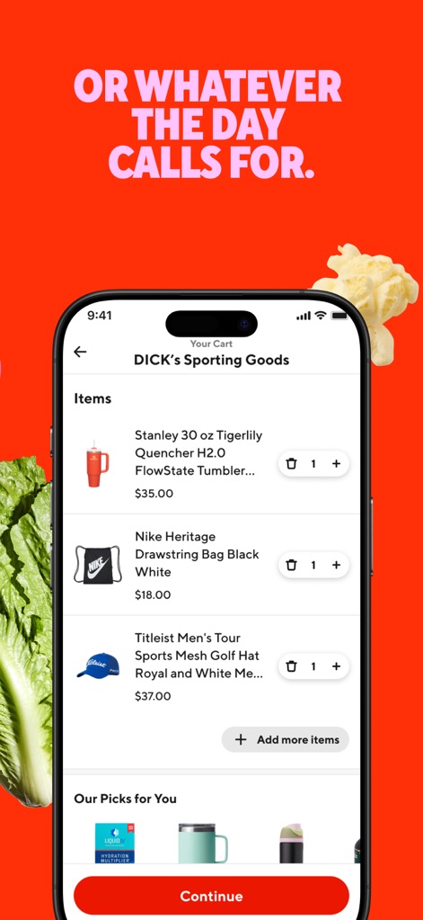 DoorDash: Food, Grocery, More - This view demonstrates the app's retail delivery capabilities, allowing users to conveniently add items like a Stanley tumbler and a Nike drawstring bag to their cart.
