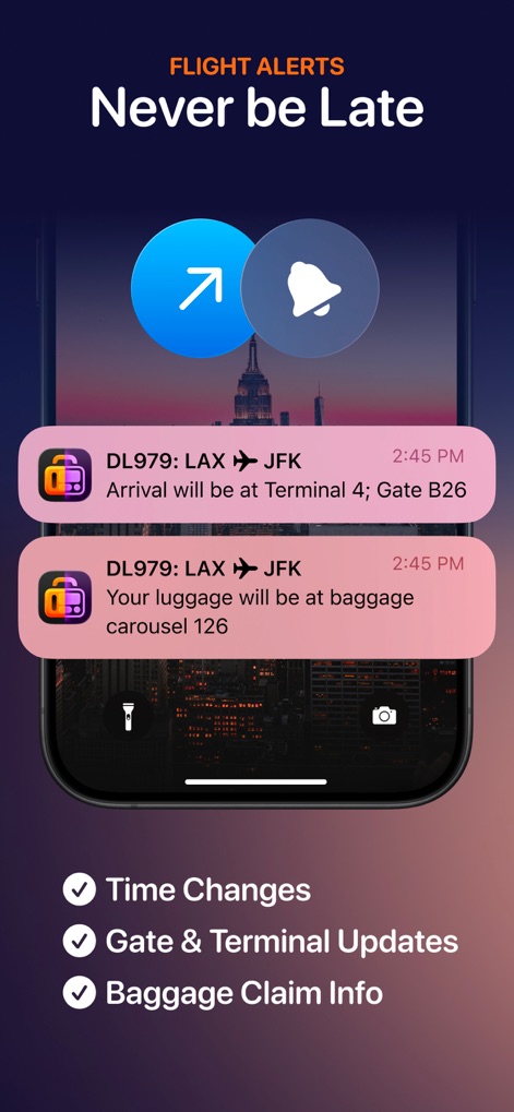 Tripsy: Travel Planner - This feature demonstrates essential "real-time push notifications" for flight updates, such as "Gate & Terminal Updates" and critical "Baggage Claim Info."