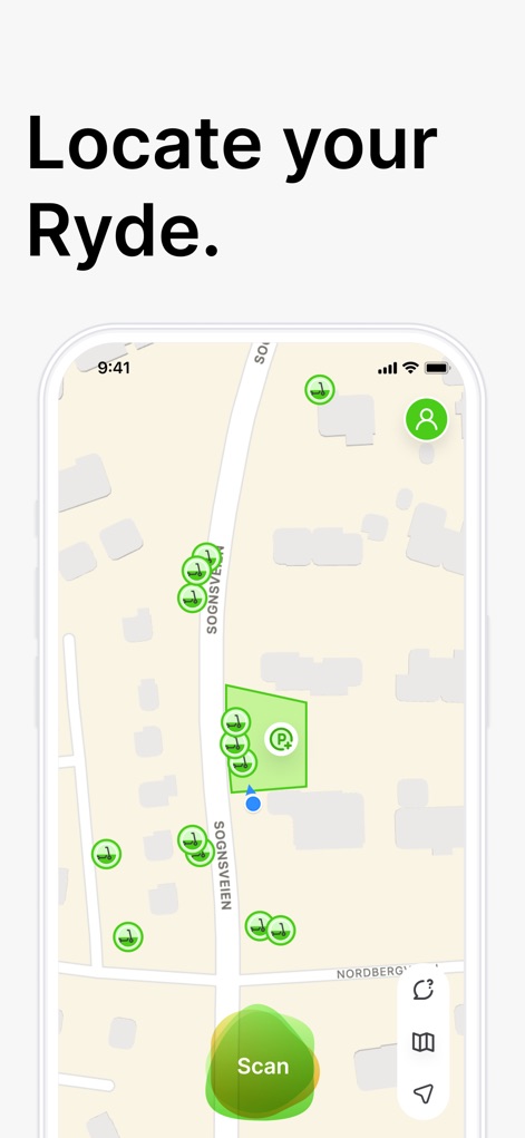 Ryde - Always nearby - Die App zeigt Nutzern auf einer übersichtlichen Karte verfügbare Ryde-Roller in der Nähe an, gekennzeichnet durch grüne Scooter-Symbole, und bietet einen zentralen "Scan"-Button für den schnellen Start.