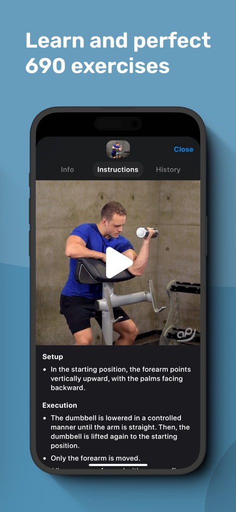 Gym Workout Alpha Progression - Esta herramienta ofrece una vasta biblioteca con videos instructivos para aprender la ejecución correcta de los ejercicios y descripciones detalladas de "Setup" y "Execution".