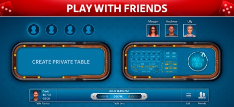 Vegas Craps by Pokerist - La opción de 'CREATE PRIVATE TABLE' y la visualización de avatares de amigos como Megan y Andrew resaltan la función social de la aplicación para jugar con conocidos.