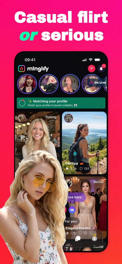 Video Dating App - Minglify - Discover diverse profiles categorized by 'Dating' and 'Social' interests, alongside a prominent 'Go Live' feature for instant interaction.