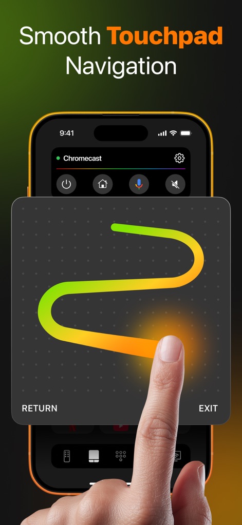 TVRem Universal TV Remote App - Los usuarios disfrutan de una navegación intuitiva con el touchpad, permitiendo movimientos fluidos representados por el rastro de color y accesos rápidos como el botón "RETURN".