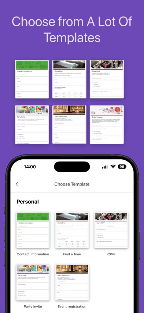 Forms for Google Doc - Accelerate form creation by choosing from a vast library of diverse pre-built templates, conveniently organized by categories like 'Personal' for quick selection.