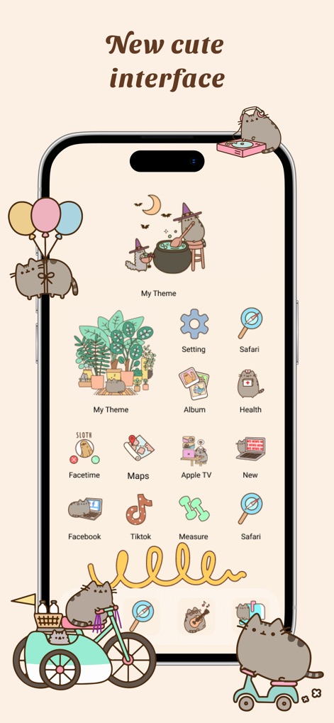 MyTheme - App Icons & Widgets - Discover the app's charming new interface, featuring adorable character-themed app icons, such as the Pusheen cat designs, and a whimsical, playful background.