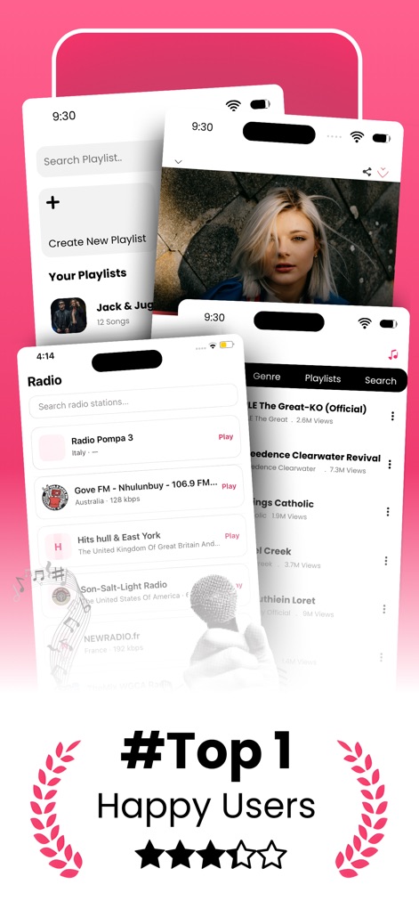 Tubidy Video Music : FM player - L'app permette di organizzare la tua libreria musicale, come evidenziato dalla funzione 'Crea Nuova Playlist' e dalla visualizzazione chiara delle 'Tua Playlist' esistenti.