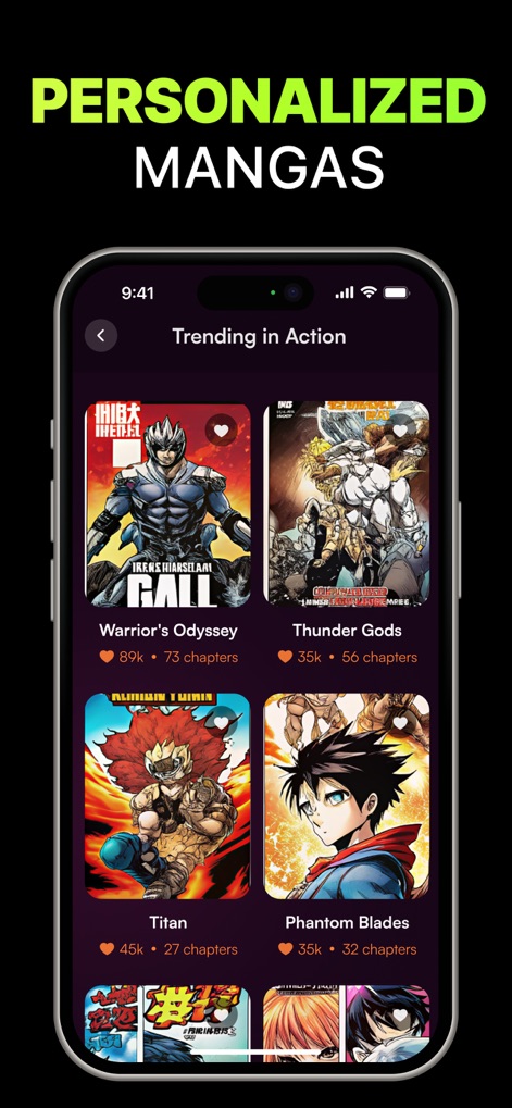Manga Reader ㅤ - A funcionalidade de "Mangas Personalizados" apresenta títulos populares como "Warrior's Odyssey" e "Thunder Gods", com detalhes de curtidas e número de capítulos.