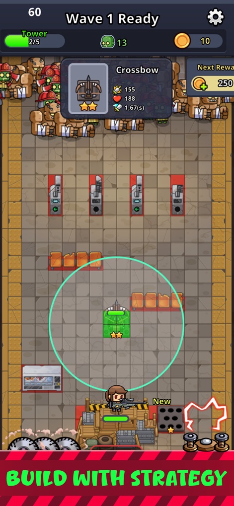 Zombie Fortress: Trap Defense - Understand the strategic planning phase where players can meticulously place new weapons onto the grid, such as the newly acquired Crossbow, before a wave begins.